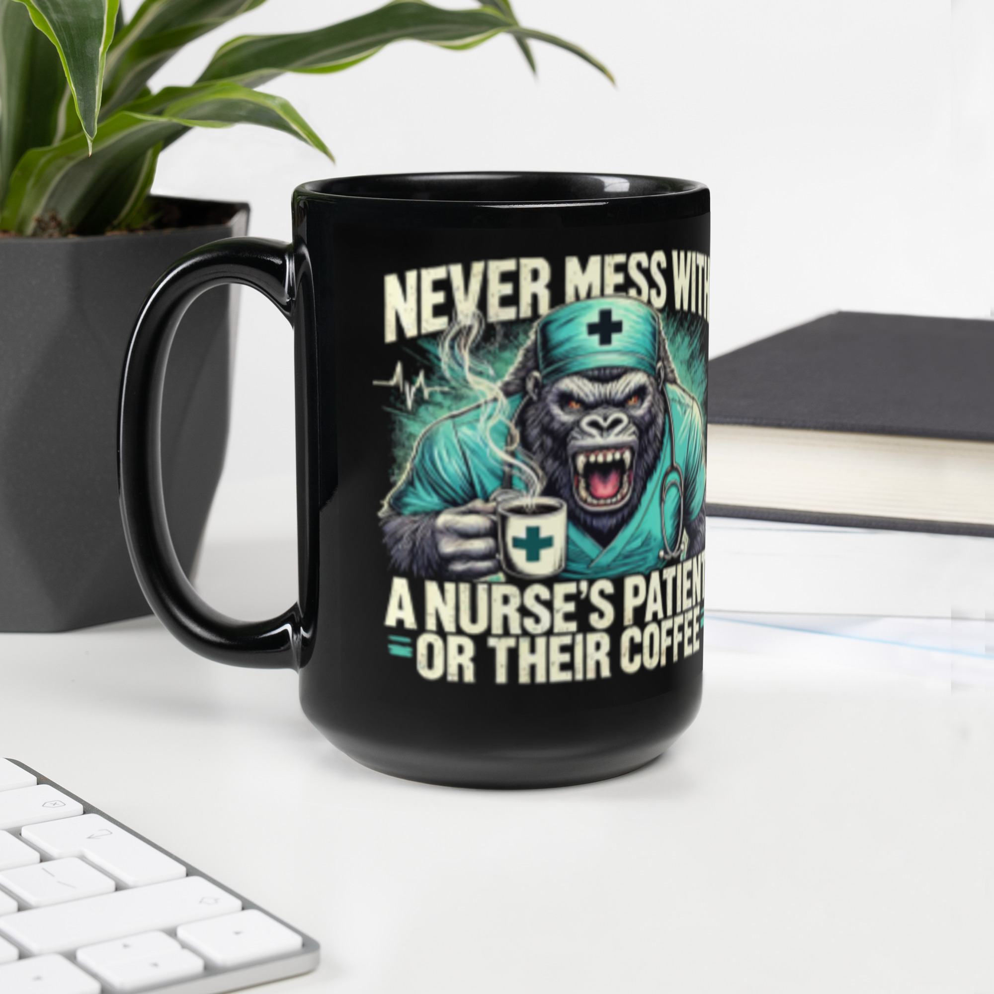 Never Mess With A Nurse's Gorilla Black Glossy Mug - Image 4